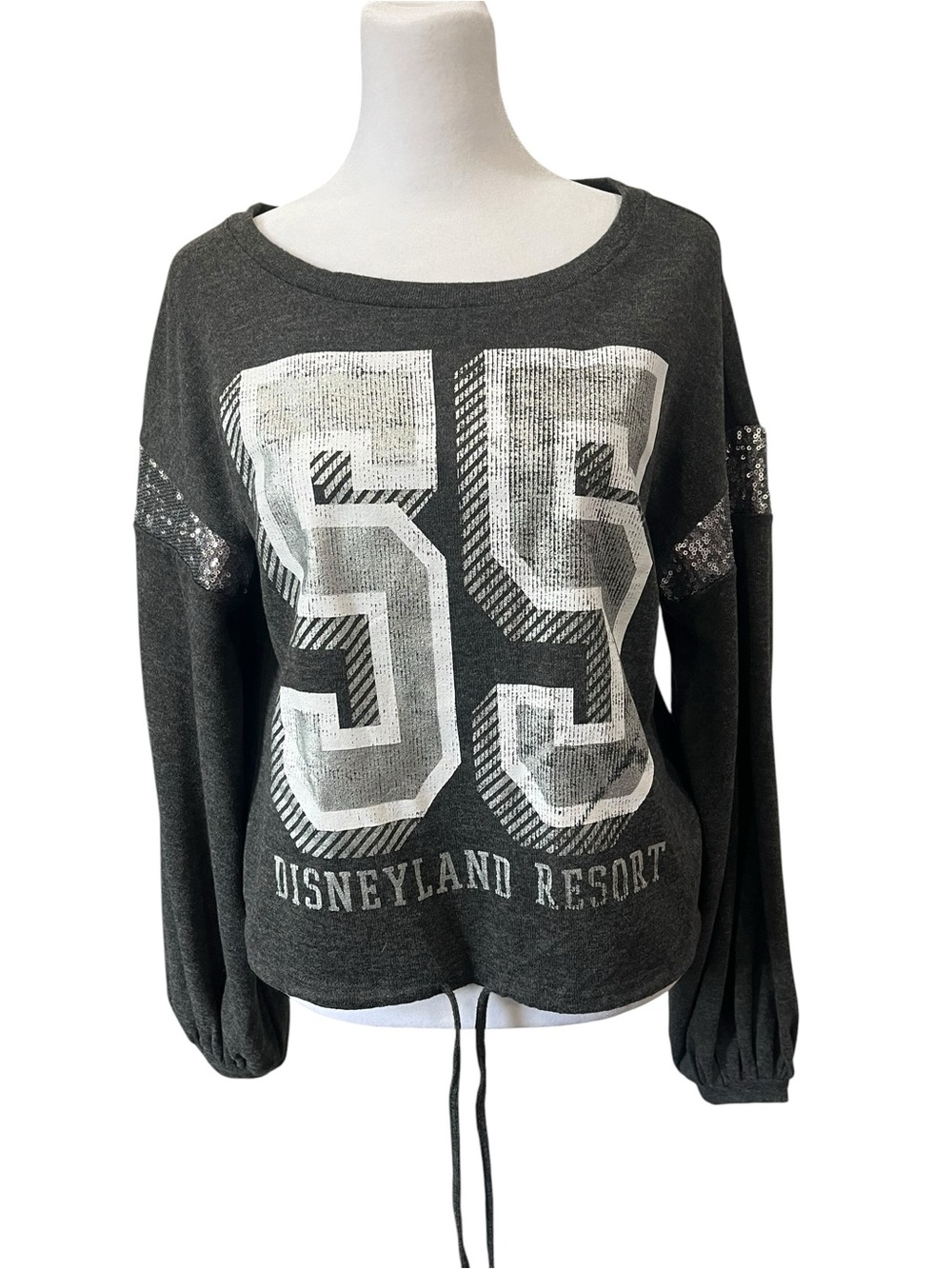 Disney Charcoal Gray “55” Disneyland Resort Sequin Sleeve Sweatshirt Size Small